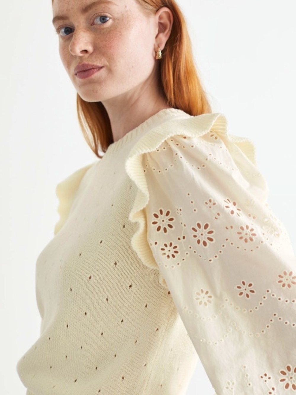 & Other Stories Knitted Ruffle Embroidery Pullover Sweater Ivory size small